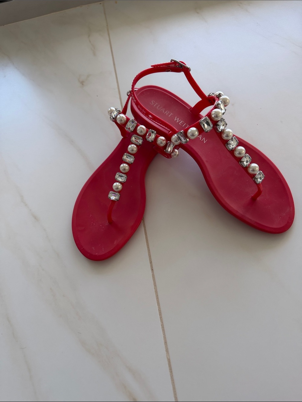 Stuart Weitzman Bright Red Jeweled T-Strap Sandals